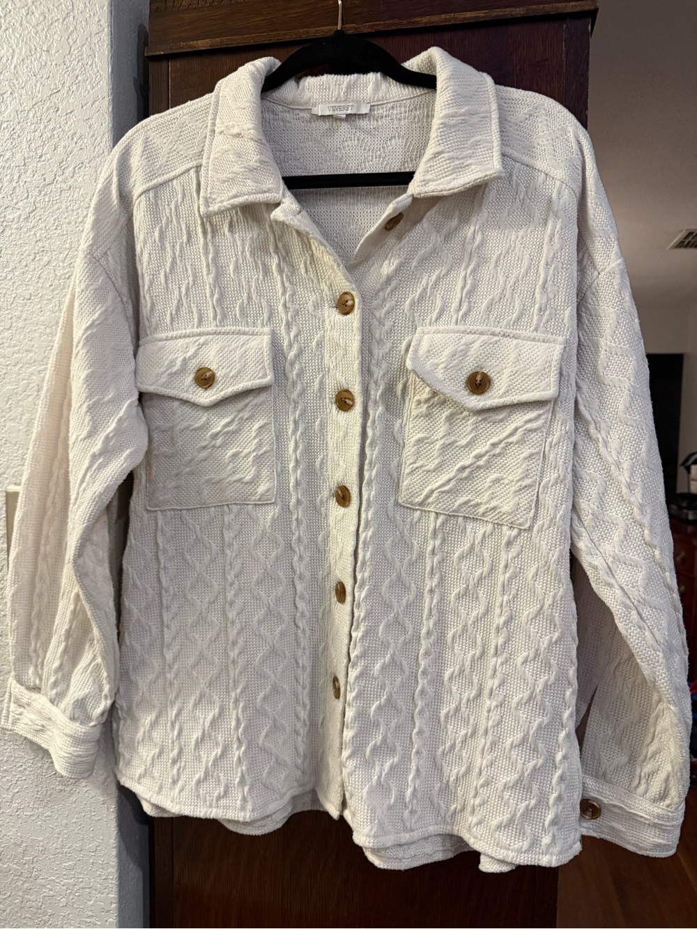 Women's Over-sized Cream Cable Knit Button-Front Shirt Jacket